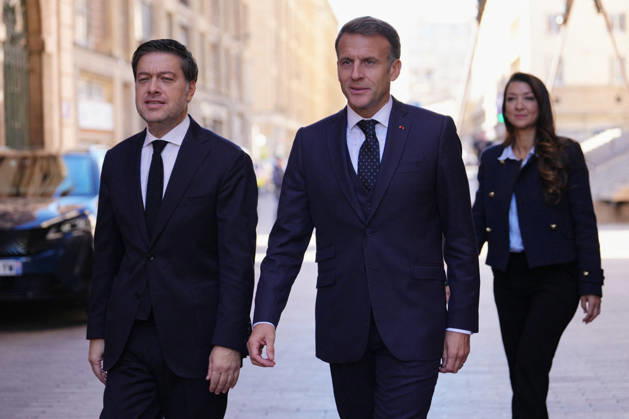 President Macron visits Marseille a Week After the Riots - France French President Emmanuel Macron and Marseille Mayor Benoit Payan walk next to each other in Marseille, France, Monday, October 26, 2026, during a visit to notice the return of republican order after the violence and looting that punctuated the citizen mobilization of October 17, 2026. Protests by high school students over learning conditions sparked a movement that has since spread nationwide, fuelled by broader anger over the rising cost of living. Photo by Aurelien Morissard Pool ABACAPRESS.COM Marseille France  Copyright: xMorissardxAurelien Pool ABACAx