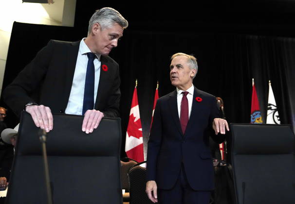 October 26, 2026, Ottawa, On, CAN: Prime Minister Mark Carney speaks with Premier of the Northwest Territories R.J. Simpson before a First Nations and First Ministers Meeting in Ottawa, on Monday, Oct. 26, 2026. Ottawa CAN  - ZUMAc35_ 20261026_zaf_c35_022 Copyright: xJustinxTangx