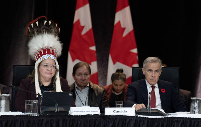 October 26, 2026, Ottawa, On, Canada: Prime Minister Mark Carney and National Chief of the Assembly of First Nations Cindy Woodhouse Nepinak are seen before the First Nations and First Ministers meeting in Ottawa, Monday, Oct. 26, 2026. Ottawa Canada  - ZUMAc35_ 20261026_zaf_c35_030 Copyright: xAdrianxWyldx