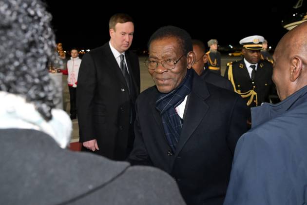 President of Equatorial Guinea Teodoro Obiang Nguema Mbasogo arrives in Moscow 9273983 26.10.2026 President of Equatorial Guinea Teodoro Obiang Nguema Mbasogo arrives in Moscow for the 3rd Russia-Africa Summit and Forum and the GECF 2026. Back left: Igor Bodashev, Director of the Department of State Protocol of the Russian Foreign Ministry. Grigory Sysoev Sputnik Crediting the source in the following order photographer s name 8th GECF summit host photo agency is mandatory when using the photo Moscow Russia  Copyright: xGrigoryxSysoevx