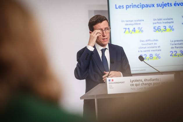 Paris, France le 26 octobre 2026 - Edouard Geffray, ministre de l Education nationale, et Philippe Baptiste, ministre de l Enseignement superieur, de la Recherche et de l Espace, presentent lors d une conference de presse les conclusions de la consultation nationale lyceenne et de la concertation relative Ã l orientation et a Parcoursup. Ils detaillent egalement les reponses aux attentes exprimees par les lyceens et les etudiants afin d ameliorer leurs conditions d apprentissage et d etude - Edouard Geffray, Minister of National Education, and Philippe Baptiste, Minister of Higher Education, Research and Space, present at a press conference the conclusions of the national high school consultation and the consultation on orientation and Par  Copyright: xSebastienxTOUBONx