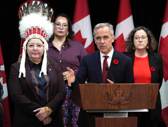 October 26, 2026, Ottawa, On, Canada: Prime Minister Mark Carney is joined by Assembly of First Nations National Chief Cindy Woodhouse Nepinak, left to right, Minister of Indigenous Services Mandy Gull-Masty and Minister of Crown-Indigenous Relations Rebecca Alty, right, as he speaks at a news conference at the conclusion of a First Nations and First Ministers meeting in Ottawa, on Monday, Oct. 26, 2026. Ottawa Canada  - ZUMAc35_ 20261026_zaf_c35_119 Copyright: xJustinxTangx