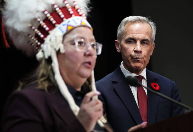 October 26, 2026, Ottawa, On, Canada: Prime Minister Mark Carney listens as Assembly of First Nations National Chief Cindy Woodhouse Nepinak answers a question at a news conference at the conclusion of a First Nations and First Ministers meeting in Ottawa, on Monday, Oct. 26, 2026. Ottawa Canada  - ZUMAc35_ 20261026_zaf_c35_133 Copyright: xJustinxTangx