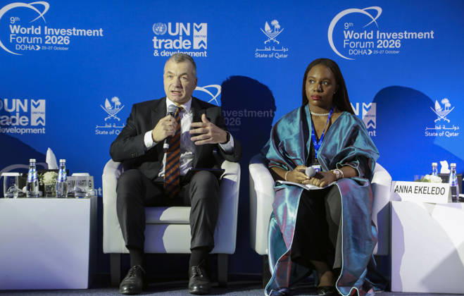 Doha Qatar Investment Forum A speaker participates in a panel discussion during the World Investment Forum 2026 in Doha, Qatar on October 26, 2026. The Forum brought together policymakers, business leaders and investors to discuss investment and economic cooperation. A session on ASEAN-GCC relations explored opportunities to strengthen investment ties between the two regions. Doha Baladiyat ad Dawhah Qatar Copyright: xSidhickxKannurx