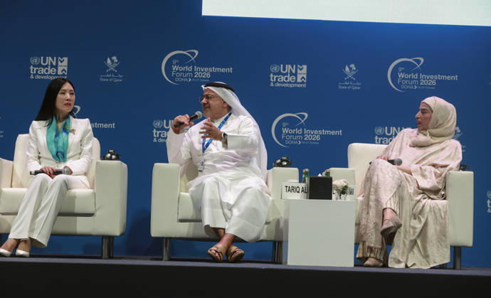 Doha Qatar Investment Forum A speaker participates in a discussion during the World Investment Forum 2026 in Doha, Qatar on October 26, 2026. The Forum brought together policymakers, business leaders and investors to discuss investment and economic cooperation. A session on ASEAN-GCC relations explored opportunities to strengthen investment ties between the two regions. Doha Baladiyat ad Dawhah Qatar Copyright: xSidhickxKannurx