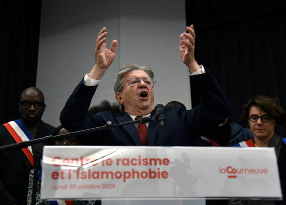 Jean-Luc Melenchon At Rally Against Racism In Tribute To Pengo Bossio Wangi - La Courneuve leftist party La France Insoumise (LFI) candidate in France s 2027 presidential election Jean-Luc Melenchon during a rally against racism and islamophobia to Pengo Bossio Wangi, victim of a racist attack in Trappes, in the Yvelines departement near Paris, by bursts whose alleged perpetrator, Kevin T. is suspected of having acted by racism, La Courneuve, France on October 26, 2026. Photo by Alain Apaydin ABACAPRESS.COM La Courneuve France  Copyright: xApaydinxAlain ABACAx