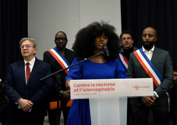 Jean-Luc Melenchon At Rally Against Racism In Tribute To Pengo Bossio Wangi - La Courneuve La Courneuve 2nd Deputy mayor Mohamed Awad, leftist party La France Insoumise (LFI) candidate in France s 2027 presidential election Jean-Luc Melenchon, anti-racist activist Assa Traore, La Courneuve s mayor Aly Diouara during a rally against racism and islamophobia to Pengo Bossio Wangi, victim of a racist attack in Trappes, in the Yvelines departement near Paris, by bursts whose alleged perpetrator, Kevin T. is suspected of having acted by racism, La Courneuve, France on October 26, 2026. Photo by Alain Apaydin ABACAPRESS.COM La Courneuve France  Copyright: xApaydinxAlain ABACAx