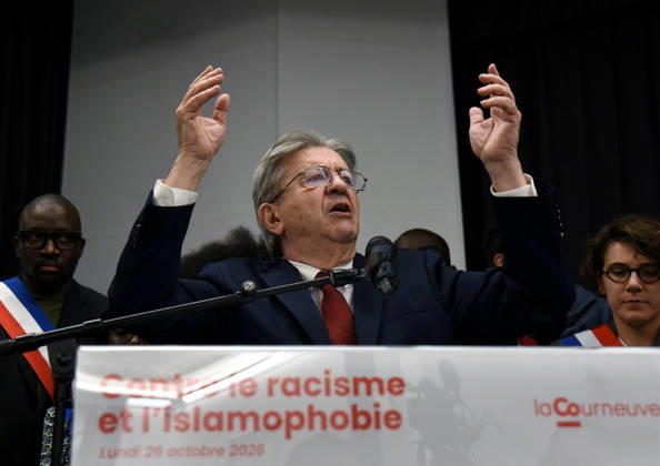 Jean-Luc Melenchon At Rally Against Racism In Tribute To Pengo Bossio Wangi - La Courneuve leftist party La France Insoumise (LFI) candidate in France s 2027 presidential election Jean-Luc Melenchon during a rally against racism and islamophobia to Pengo Bossio Wangi, victim of a racist attack in Trappes, in the Yvelines departement near Paris, by bursts whose alleged perpetrator, Kevin T. is suspected of having acted by racism, La Courneuve, France on October 26, 2026. Photo by Alain Apaydin ABACAPRESS.COM La Courneuve France  Copyright: xApaydinxAlain ABACAx