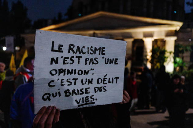 Anti-racism demonstration at Place Stalingrad, in Paris Jan Schmidt Whitley Le Pictorium Le Pictorium MAXPPP Paris October 26, 2026 A person holding a sign: Racism is not an opinion—it is a crime that destroys lives. Several thousand people gathered at Stalingrad in Paris to condemn the murder of Pengo Bossio Wangi, 26, in Trappes, and more broadly the climate of racism rampant in France, including its alleged perpetrators such as certain television channels like CNews or media outlets in the Bolloré sphere. The crowd listened to numerous speakers from the traditional left. Distribution restrictions: No Frontieres Media, Valeurs Actuelles out, no jdd, jdd out, RUSSIA OUT, NO RUSSIA norussia 26 10 2026 France Île-de-France Paris Jan Schmi  Copyright: xLexPictorium MAXPPPxJanxSchmidt-Whitley LexPictoriumx PTR202610275577 PTR202610275577