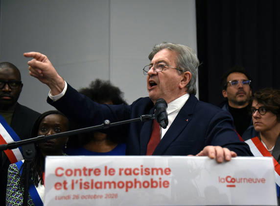 Jean-Luc Melenchon At Rally Against Racism In Tribute To Pengo Bossio Wangi - La Courneuve leftist party La France Insoumise (LFI) candidate in France s 2027 presidential election Jean-Luc Melenchon during a rally against racism and islamophobia to Pengo Bossio Wangi, victim of a racist attack in Trappes, in the Yvelines departement near Paris, by bursts whose alleged perpetrator, Kevin T. is suspected of having acted by racism, La Courneuve, France on October 26, 2026. Photo by Alain Apaydin ABACAPRESS.COM La Courneuve France  Copyright: xApaydinxAlain ABACAx