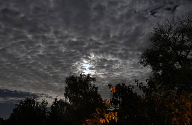 Full Moon, October 26, 2026, Ostramondra—the full moon hangs in the night sky; a layer of gray clouds in wave-like patterns lies like a blanket over the moon and the night sky. The cloud types are altocumulus undulatus and altocumulus floccus (fleecy clouds).