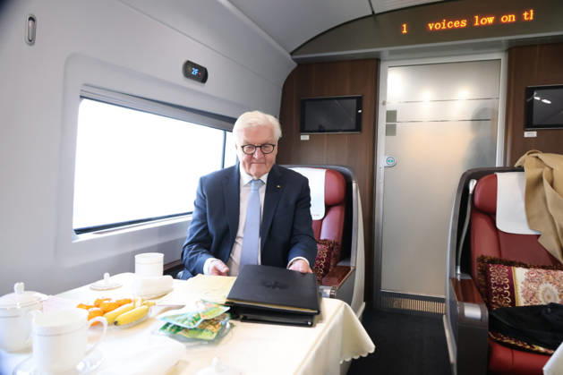 Federal President and China Railroad, October 26, 2026, China, Hefei, Presidential Flight Service, Departure: Federal President Frank Walter Steinmeier and Elke Buedenbender traveling to China with China Railroad from Hefei to Yixiang. With Ambassador Ackermann, China Railroad staff, high-speed train, 330 km h, Hefei, Anhui, China