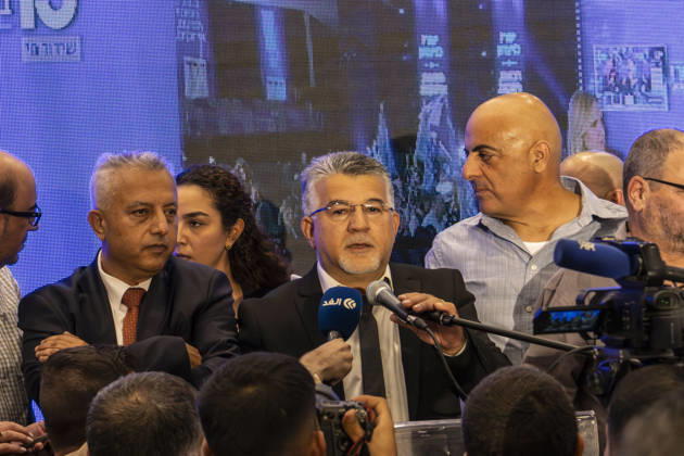 Joint List supporters celebrate initial exit poll results in Israel NASSERAH, ISRAEL - OCTOBER 27: Yousef Jabareen, leader of the Joint List party, delivers a speech as supporters celebrate after the exit polls announcement following the closing of poll stations for the Israeli general election, at the Joint List headquarters in Nasserah, Israel on October 27, 2026. Mostafa Alkharouf Anadolu Nazareth Israel. Editorial use only. Please get in touch for any other usage.  Copyright: x2026xAnadoluxMostafaxAlkharoufx