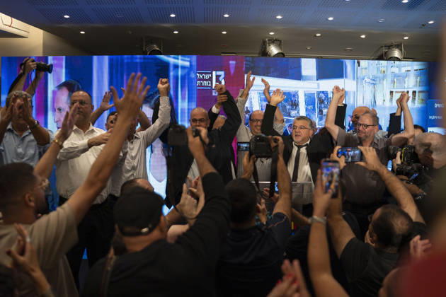 Joint List supporters celebrate initial exit poll results in Israel NASSERAH, ISRAEL - OCTOBER 27: Supporters of Joint List party celebrate after the exit polls announcement following the closing of poll stations for the Israeli general election, at the Joint List headquarters in Nasserah, Israel on October 27, 2026. Mostafa Alkharouf Anadolu Nazareth Israel. Editorial use only. Please get in touch for any other usage.  Copyright: x2026xAnadoluxMostafaxAlkharoufx