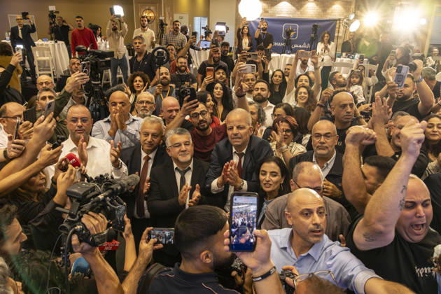 Joint List supporters celebrate initial exit poll results in Israel NASSERAH, ISRAEL - OCTOBER 27: Supporters of Joint List party celebrate after the exit polls announcement following the closing of poll stations for the Israeli general election, at the Joint List headquarters in Nasserah, Israel on October 27, 2026. Mostafa Alkharouf Anadolu Nazareth Israel. Editorial use only. Please get in touch for any other usage.  Copyright: x2026xAnadoluxMostafaxAlkharoufx