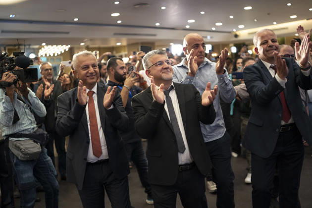 Joint List supporters celebrate initial exit poll results in Israel NASSERAH, ISRAEL - OCTOBER 27: Supporters of Joint List party celebrate after the exit polls announcement following the closing of poll stations for the Israeli general election, at the Joint List headquarters in Nasserah, Israel on October 27, 2026. Mostafa Alkharouf Anadolu Nazareth Israel. Editorial use only. Please get in touch for any other usage.  Copyright: x2026xAnadoluxMostafaxAlkharoufx