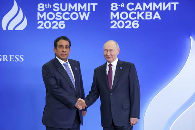 October 27, 2026, Moscow, Russian Federation: Russian President Vladimir Putin shakes hands with Libyan Presidential Council head Mohamed al-Menfi, left, during the official welcoming ceremony for the heads of delegations participating in the 8th summit of the Gas Exporting Countries Forum, October 27, 2026 in Moscow, Russia. Moscow Russian Federation - ZUMAp138 20261027_zaa_p138_019 Copyright: xKirillxKazachkov RoscongressxFoux