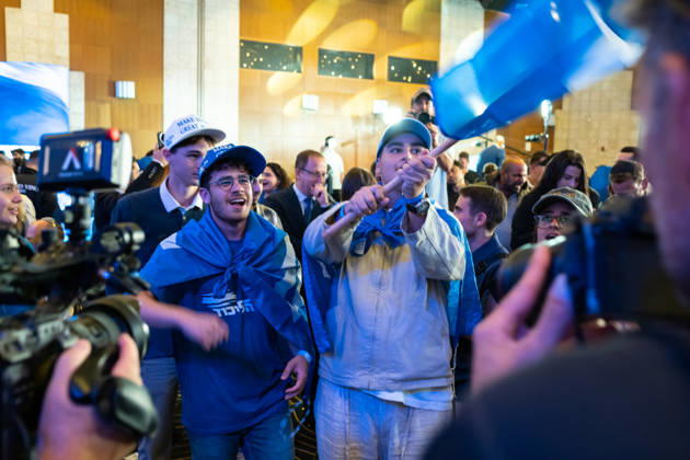 Israel, Jerusalem, October 27–28, 2026: Scenes from the election party of the Likud Party led by incumbent Prime Minister Benjamin Netanyahu. There was a long wait for Bibi to appear; he didn’t take the stage until around 3:15 a.m.