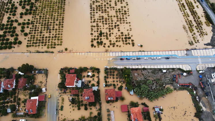 Heavy rainfall causes flooding in Mugla, Turkiye MUGLA, TURKIYE - OCTOBER 28: An aerial view of flooded residential areas and agricultural fields after heavy rainfall caused the Tersakan Stream to overflow in Dalaman district of Mugla, Turkiye, on October 28, 2026. Floodwaters inundated homes, businesses and farmland, while some roads were closed to traffic. Durmus Genc Anadolu Mugla Turkey. Editorial use only. Please get in touch for any other usage.  Copyright: x2026xAnadoluxDurmusxGencx