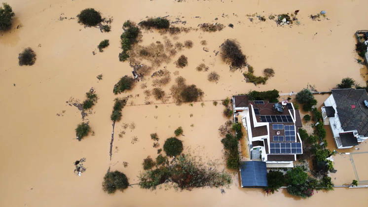 Heavy rainfall causes flooding in Mugla, Turkiye MUGLA, TURKIYE - OCTOBER 28: An aerial view of flooded residential areas and agricultural fields after heavy rainfall caused the Tersakan Stream to overflow in Dalaman district of Mugla, Turkiye, on October 28, 2026. Floodwaters inundated homes, businesses and farmland, while some roads were closed to traffic. Durmus Genc Anadolu Mugla Turkey. Editorial use only. Please get in touch for any other usage.  Copyright: x2026xAnadoluxDurmusxGencx