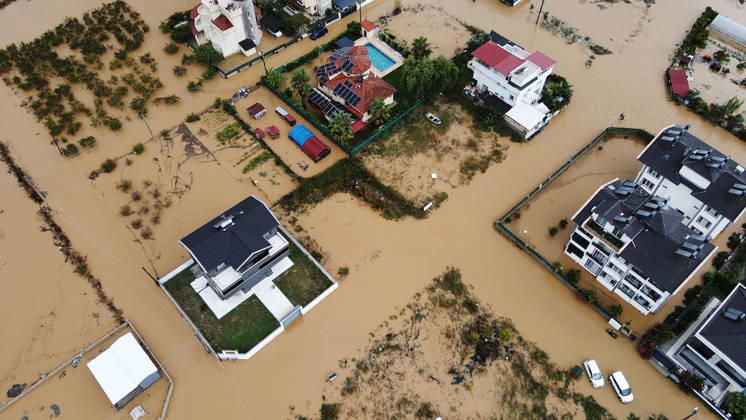 Heavy rainfall causes flooding in Mugla, Turkiye MUGLA, TURKIYE - OCTOBER 28: An aerial view of flooded residential areas and agricultural fields after heavy rainfall caused the Tersakan Stream to overflow in Dalaman district of Mugla, Turkiye, on October 28, 2026. Floodwaters inundated homes, businesses and farmland, while some roads were closed to traffic. Durmus Genc Anadolu Mugla Turkey. Editorial use only. Please get in touch for any other usage.  Copyright: x2026xAnadoluxDurmusxGencx