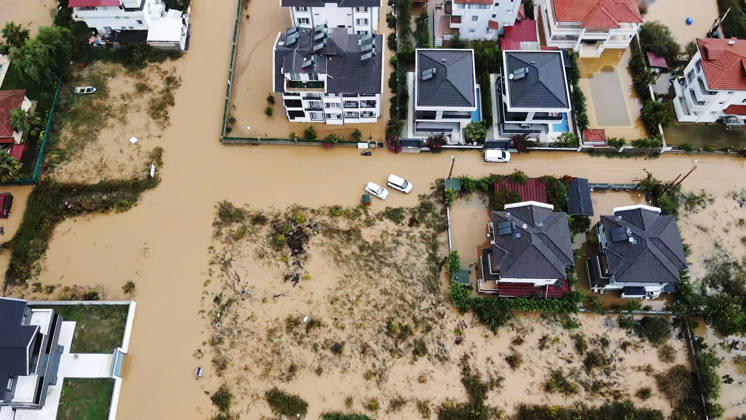 Heavy rainfall causes flooding in Mugla, Turkiye MUGLA, TURKIYE - OCTOBER 28: An aerial view of flooded residential areas and agricultural fields after heavy rainfall caused the Tersakan Stream to overflow in Dalaman district of Mugla, Turkiye, on October 28, 2026. Floodwaters inundated homes, businesses and farmland, while some roads were closed to traffic. Durmus Genc Anadolu Mugla Turkey. Editorial use only. Please get in touch for any other usage.  Copyright: x2026xAnadoluxDurmusxGencx