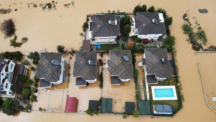 Heavy rainfall causes flooding in Mugla, Turkiye MUGLA, TURKIYE - OCTOBER 28: An aerial view of flooded residential areas and agricultural fields after heavy rainfall caused the Tersakan Stream to overflow in Dalaman district of Mugla, Turkiye, on October 28, 2026. Floodwaters inundated homes, businesses and farmland, while some roads were closed to traffic. Durmus Genc Anadolu Mugla Turkey. Editorial use only. Please get in touch for any other usage.  Copyright: x2026xAnadoluxDurmusxGencx