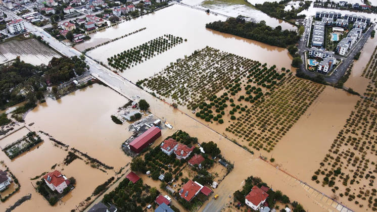 Heavy rainfall causes flooding in Mugla, Turkiye MUGLA, TURKIYE - OCTOBER 28: An aerial view of flooded residential areas and agricultural fields after heavy rainfall caused the Tersakan Stream to overflow in Dalaman district of Mugla, Turkiye, on October 28, 2026. Floodwaters inundated homes, businesses and farmland, while some roads were closed to traffic. Durmus Genc Anadolu Mugla Turkey. Editorial use only. Please get in touch for any other usage.  Copyright: x2026xAnadoluxDurmusxGencx