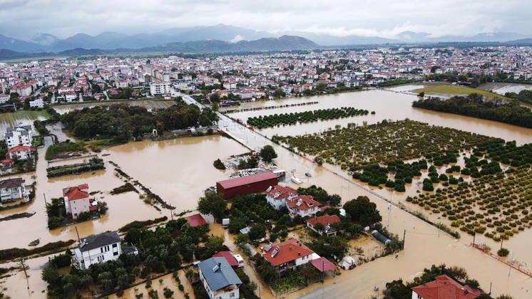 Heavy rainfall causes flooding in Mugla, Turkiye MUGLA, TURKIYE - OCTOBER 28: An aerial view of flooded residential areas and agricultural fields after heavy rainfall caused the Tersakan Stream to overflow in Dalaman district of Mugla, Turkiye, on October 28, 2026. Floodwaters inundated homes, businesses and farmland, while some roads were closed to traffic. Durmus Genc Anadolu Mugla Turkey. Editorial use only. Please get in touch for any other usage.  Copyright: x2026xAnadoluxDurmusxGencx