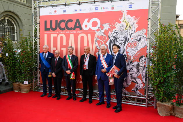 October 28, 2026, Lucca, Lucca, Italy: Marcello Pierucci, President of the Province of Lucca, Nicola Lucchesi, sole director of Lucca Crea, Mario Pardini, Mayor of Lucca, Claudio Castellini, author of the Lucca Comics & Games 2026 poster, Eugenio Giani, President of the Tuscany Region, Emanuele Vietina, director of Lucca Comics & Games during the inauguration of Lucca Comics & Games, Lucca, October 28, 2026 Lucca Italy - ZUMAa289 20261028_zia_a289_121 Copyright: xStefanoxDallexLuchex xAgfx