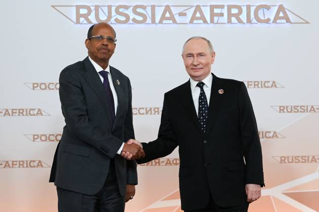 President Vladimir Putin officially greets heads of delegation at Russia-Africa Summit 9276168 28.10.2026 President Vladimir Putin at an official greeting ceremony for heads of delegation at the 3rd Russia-Africa Summit. Left: Chairperson of the African Union Commission Mahmoud Ali Youssouf. Alexandr Kryazhev Sputnik Crediting the source in the following order photographer s name Russia-Africa Summit and Economic and Humanitarian forum host ÑÄhoto agency is mandatory when using the photo Moscow Russia  Copyright: xAlexandrxKryazhevx