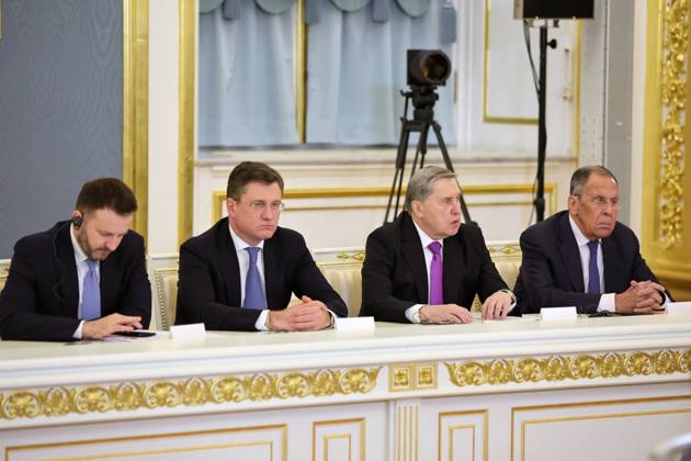 Russia Africa Summit Regional Organisations 9275865 28.10.2026 Deputy Chief of Staff of the Russian Presidential Executive Office Maxim Oreshkin, Deputy Prime Minister Alexander Novak, Presidential Aide Yury Ushakov and Foreign Minister Sergey Lavrov attend a meeting of Russian President Vladimir Putin with the heads of African regional organisations on the sidelines of the third Russia-Africa Economic and Humanitarian Forum and Summit in Moscow, Russia. Evgeny Messman Sputnik Moscow Russia  Copyright: xEvgenyxMessmanx