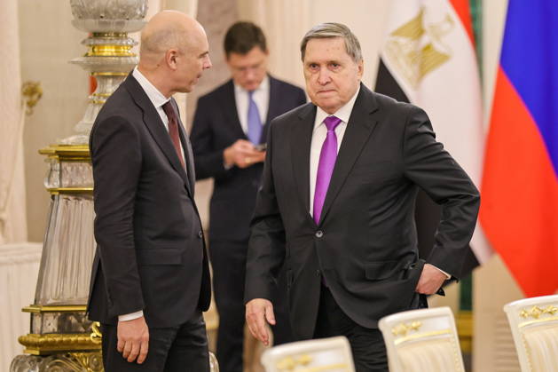 RUSSIA, MOSCOW - OCTOBER 28, 2026: Russia s Deputy Prime Minister, Minister of Finance Anton Siluanov and Russian President Putin s adviser Yuri Ushakov (L-R) are seen before a meeting between Russia s President Putin and Egypt s President el-Sisi (both not pictured) in the Kremlin, on the sidelines of the 2026 Russia – Africa Summit and Economic and Humanitarian Forum. Yevgeny Messman TASS  100124899