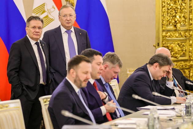 RUSSIA, MOSCOW - OCTOBER 28, 2026: Rosatom CEO Alexei Likhachev (L standing) is seen before a meeting between Russia s President Putin and Egypt s President el-Sisi (both not pictured) in the Kremlin, on the sidelines of the 2026 Russia – Africa Summit and Economic and Humanitarian Forum. Yevgeny Messman TASS  100125655