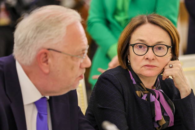 RUSSIA, MOSCOW - OCTOBER 28, 2026: Russian Central Bank Governor Elvira Nabiullina (R) is seen before a meeting between Russia s President Putin and Egypt s President el-Sisi (both not pictured) in the Kremlin, on the sidelines of the 2026 Russia – Africa Summit and Economic and Humanitarian Forum. Yevgeny Messman TASS  100126179