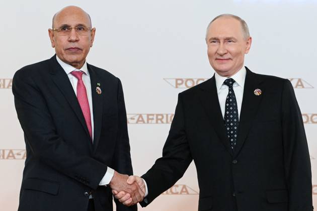 President Vladimir Putin officially greets heads of delegation at Russia-Africa Summit 9276239 28.10.2026 President Vladimir Putin during an official greeting ceremony for heads of delegation at the 3rd Russia-Africa Summit. Left: President of Mauritania Mohamed Ould Ghazouani. Alexandr Kryazhev Sputnik Crediting the source in the following order photographer s name Russia-Africa Summit and Economic and Humanitarian forum host ÑÄhoto agency is mandatory when using the photo Moscow Russia  Copyright: xAlexandrxKryazhevx