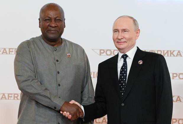 President Vladimir Putin officially greets heads of delegation at Russia-Africa Summit 9276253 28.10.2026 President Vladimir Putin during an official greeting ceremony for heads of delegation at the 3rd Russia-Africa Summit. Left: President of Ghana John Dramani Mahama. Alexandr Kryazhev Sputnik Crediting the source in the following order photographer s name Russia-Africa Summit and Economic and Humanitarian forum host ÑÄhoto agency is mandatory when using the photo Moscow Russia  Copyright: xAlexandrxKryazhevx