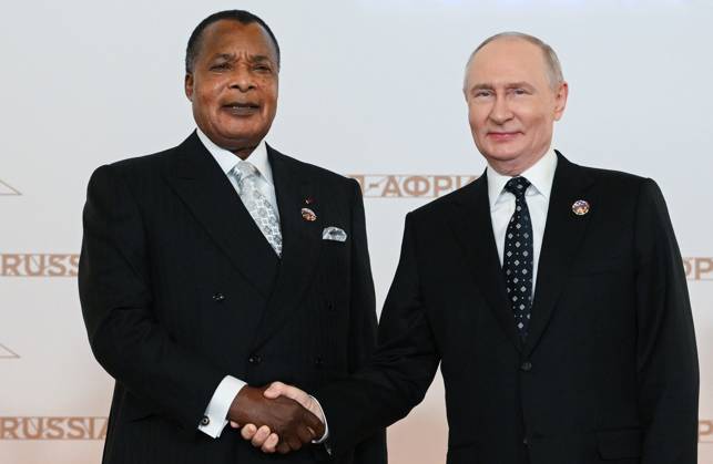 President Vladimir Putin officially greets heads of delegation at Russia-Africa Summit 9276267 28.10.2026 President Vladimir Putin during an official greeting ceremony for heads of delegation at the 3rd Russia-Africa Summit. Left: President of the Republic of the Congo Denis Sassou Nguesso. Alexandr Kryazhev Sputnik Crediting the source in the following order photographer s name Russia-Africa Summit and Economic and Humanitarian forum host ÑÄhoto agency is mandatory when using the photo Moscow Russia  Copyright: xAlexandrxKryazhevx