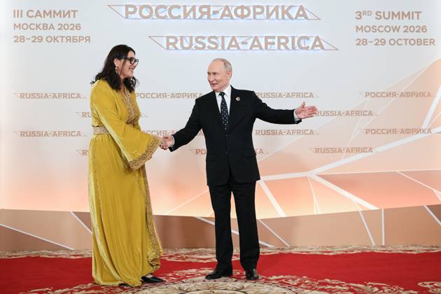 President Vladimir Putin officially greets heads of delegation at Russia-Africa Summit 9276299 28.10.2026 President Vladimir Putin during an official greeting ceremony for heads of delegation at the 3rd Russia-Africa Summit. Left: Prime Minister of Morocco Fatima Ezzahra El Mansouri. Alexandr Kryazhev Sputnik Crediting the source in the following order photographer s name Russia-Africa Summit and Economic and Humanitarian forum host ÑÄhoto agency is mandatory when using the photo Moscow Russia  Copyright: xAlexandrxKryazhevx