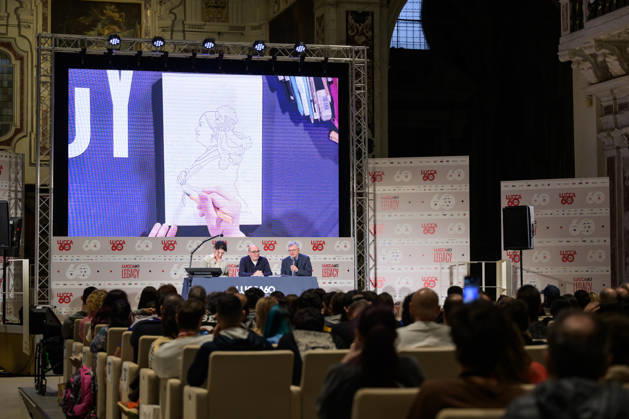 October 28, 2026, Lucca, Lucca, Italy: Alessandro Barbero, alongside co-authors Davide Savelli and Iris Biasio, presents Garribaldi. The British Tour, his first comic book published by Rizzoli Lizard, at the 60th edition of Lucca Comics & Games, Lucca, October 28, 2026. Lucca Italy - ZUMAa289 20261028_zia_a289_258 Copyright: xStefanoxDallexLuchex xAgfx