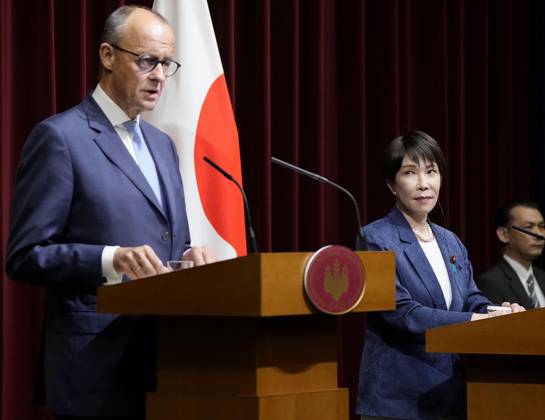 Japan-Germany leaders talks Japanese Prime Minister Sanae Takaichi (R) and German Chancellor Friedrich Merz hold a joint press conference after their talks at the prime minister s office in Tokyo on Oct. 28, 2026. The leaders agreed to strengthen critical mineral supply chains and to promote cooperation between their countries defense industries.  A14AA0005632054P