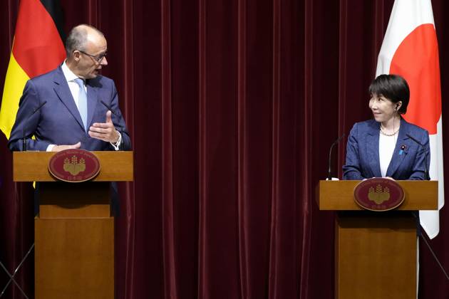 Japan-Germany leaders talks Japanese Prime Minister Sanae Takaichi (R) and German Chancellor Friedrich Merz hold a joint press conference after their talks at the prime minister s office in Tokyo on Oct. 28, 2026. The leaders agreed to strengthen critical mineral supply chains and to promote cooperation between their countries defense industries.  A14AA0005632056P