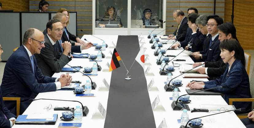 Japan-Germany leaders talks Japanese Prime Minister Sanae Takaichi (front R) and German Chancellor Friedrich Merz (front L) hold talks at the prime minister s office in Tokyo on Oct. 28, 2026. The two leaders agreed to strengthen critical mineral supply chains and to promote cooperation between their countries defense industries.  A14AA0005632059P
