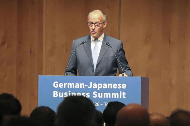 German Chancellor Merz speaks at German-Japan business event German Chancellor Friedrich Merz delivers a speech at the German-Japanese Business Summit in Tokyo on Oct. 28, 2026. Merz visited Japan for talks with Japanese Prime Minister Sanae Takaichi.  A14AA0005632060P