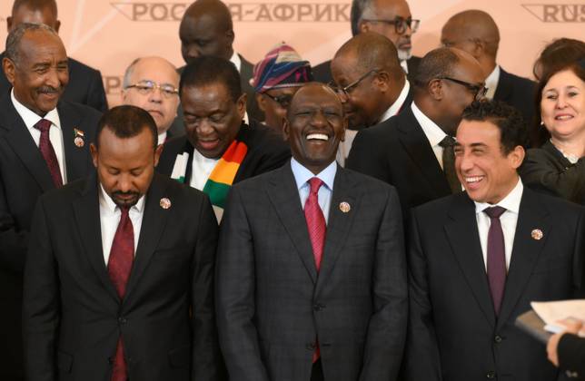 Russia-Africa Economic and Humanitarian Forum MOSCOW, RUSSIA - OCTOBER 29: (----EDITORIAL USE ONLY - MANDATORY CREDIT - GRIGORY SYSOEV RUSSIA-AFRICA SUMMIT AND ECONOMIC AND HUMANITARIAN FORUM HOST PHOTO AGENCY HANDOUT - NO MARKETING NO ADVERTISING CAMPAIGNS - DISTRIBUTED AS A SERVICE TO CLIENTS----) Kenyan President William Ruto (C) and Chairman of Libya s Presidential Council Mohamed al-Menfi (R) attend a group photo session with participants of the 3rd Russia-Africa Summit and Forum at the Kremlin in Moscow, Russia, on October 29, 2026. Grigory Sysoev Russia-Africa Summit and Economic and Humanitarian Forum Host Photo Agency Anadolu Moscow Russia. Editorial use only. Please get in touch for any other usage.  Copyright: x2026xAnadoluxGrigoryxSysoev Russia-AfricaxSummitxandxEconomicxandxHumanitarianxForumxHostxPhotoxAgencyx