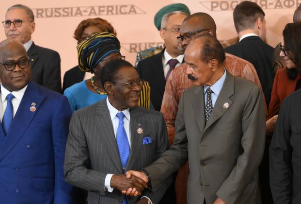 Russia-Africa Economic and Humanitarian Forum MOSCOW, RUSSIA - OCTOBER 29: (----EDITORIAL USE ONLY - MANDATORY CREDIT - GRIGORY SYSOEV RUSSIA-AFRICA SUMMIT AND ECONOMIC AND HUMANITARIAN FORUM HOST PHOTO AGENCY HANDOUT - NO MARKETING NO ADVERTISING CAMPAIGNS - DISTRIBUTED AS A SERVICE TO CLIENTS----) Equatorial Guinean President Teodoro Obiang Nguema Mbasogo and Eritrean President Isaias Afwerki are seen in the foreground during a group photo session with participants of the 3rd Russia-Africa Summit and Forum at the Kremlin in Moscow, Russia, on October 29, 2026. Grigory Sysoev Russia-Africa Summit and Economic and Humanitarian Forum Host Photo Agency Anadolu Moscow Russia. Editorial use only. Please get in touch for any other usage.  Copyright: x2026xAnadoluxGrigoryxSysoev Russia-AfricaxSummitxandxEconomicxandxHumanitarianxForumxHostxPhotoxAgencyx