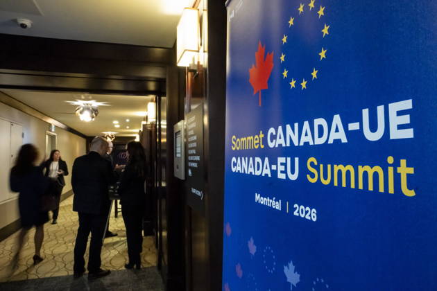October 29, 2026, Montreal, Pq, CANADA: Signage for the EU-Canada summit, in Montreal, is seen on Thursday, Oct. 29, 2026. Montreal CANADA  - ZUMAc35_ 20261029_zaf_c35_016 Copyright: xChristopherxKatsarovx