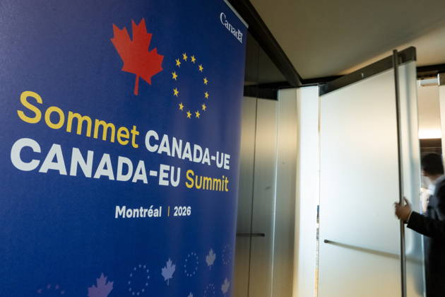 October 29, 2026, Montreal, Pq, CANADA: Signage for the EU-Canada summit, in Montreal, is seen on Thursday, Oct. 29, 2026. Montreal CANADA  - ZUMAc35_ 20261029_zaf_c35_017 Copyright: xChristopherxKatsarovx