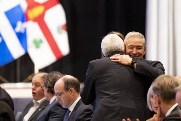 October 29, 2026, Montreal, Pq, CANADA: Minister of Finance Francois-Philippe Champagne, right, hugs President of the European Council Antonio Costa at a luncheon ahead of the Canada-EU Summit, in Montreal, on Thursday, Oct. 29, 2026. Montreal CANADA - ZUMAc35_ 20261029_zaf_c35_037 Copyright: xChristopherxKatsarovx