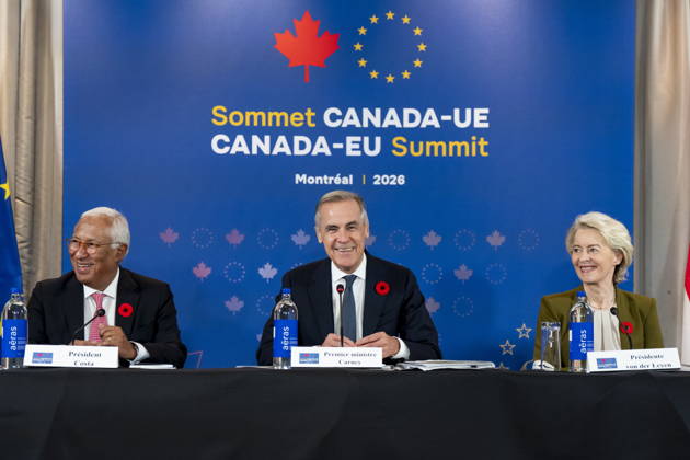 October 29, 2026, Montreal, Pq, CANADA: Prime Minister Mark Carney, centre, gives remarks alongside, President of the European Council, Antonio Costa, left, and President of the European Commission, Ursula von der Leyen, at a roundtable with business leaders during the Canada-EU Summit, in Montreal, on Thursday, Oct. 29, 2026. Montreal CANADA - ZUMAc35_ 20261029_zaf_c35_096 Copyright: xChristopherxKatsarovx